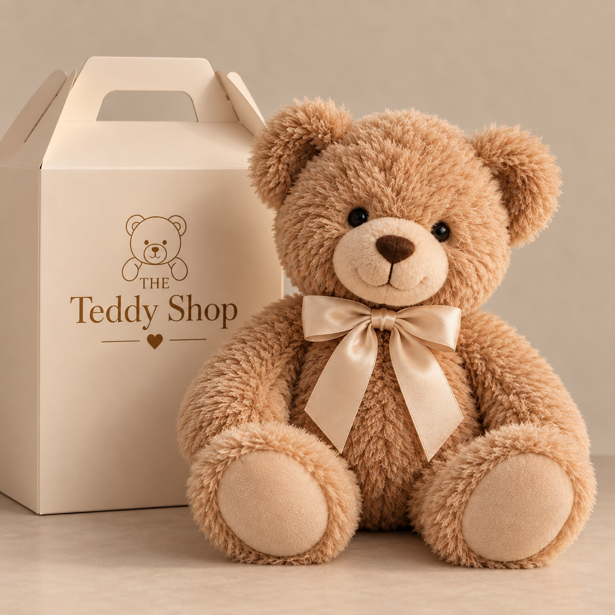 Plush teddy bear with a satin bow beside The Teddy Shop take-home box