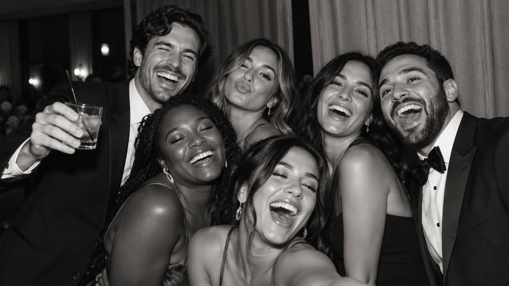 Guests laughing together in a black-and-white photobooth portrait