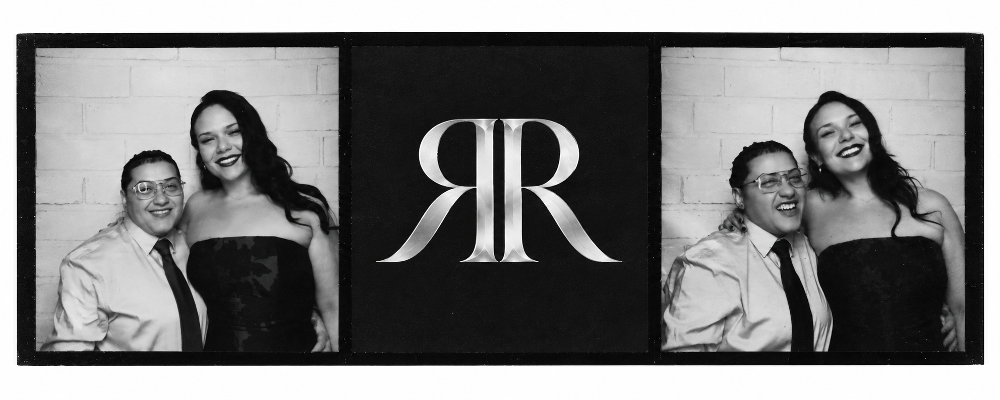 Rumor Rentals founders in a black-and-white photobooth strip with the RR monogram