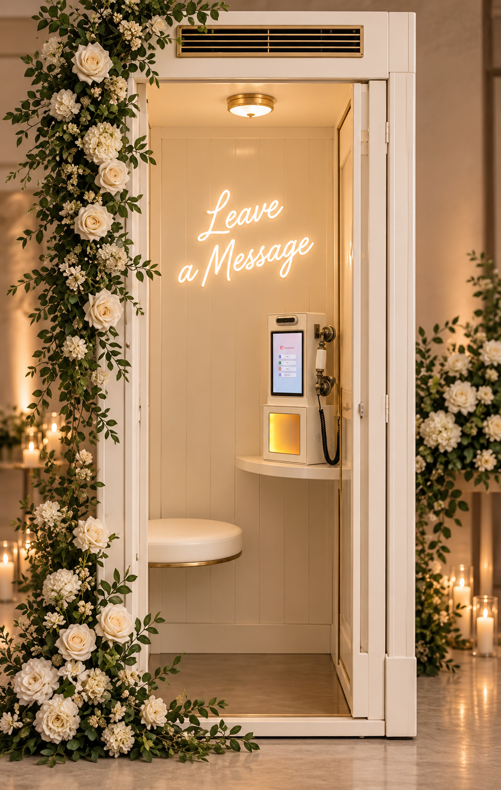 Vintage telephone booth video guestbook styled with white florals
